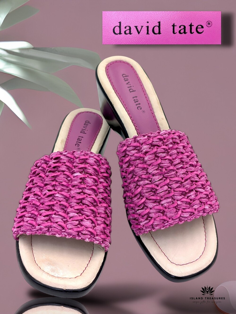 David Tate Sz 8 Fuchsia/Magenta Woven Raffia Wedge Slide Leather Lining Sandals
